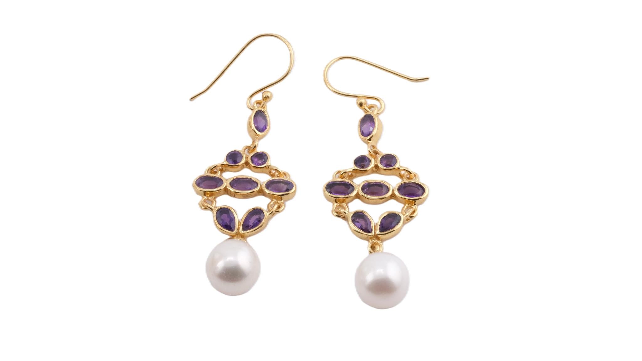 Aros Largos de Plata Bañada, Piedras Naturales y Perla Colgante.