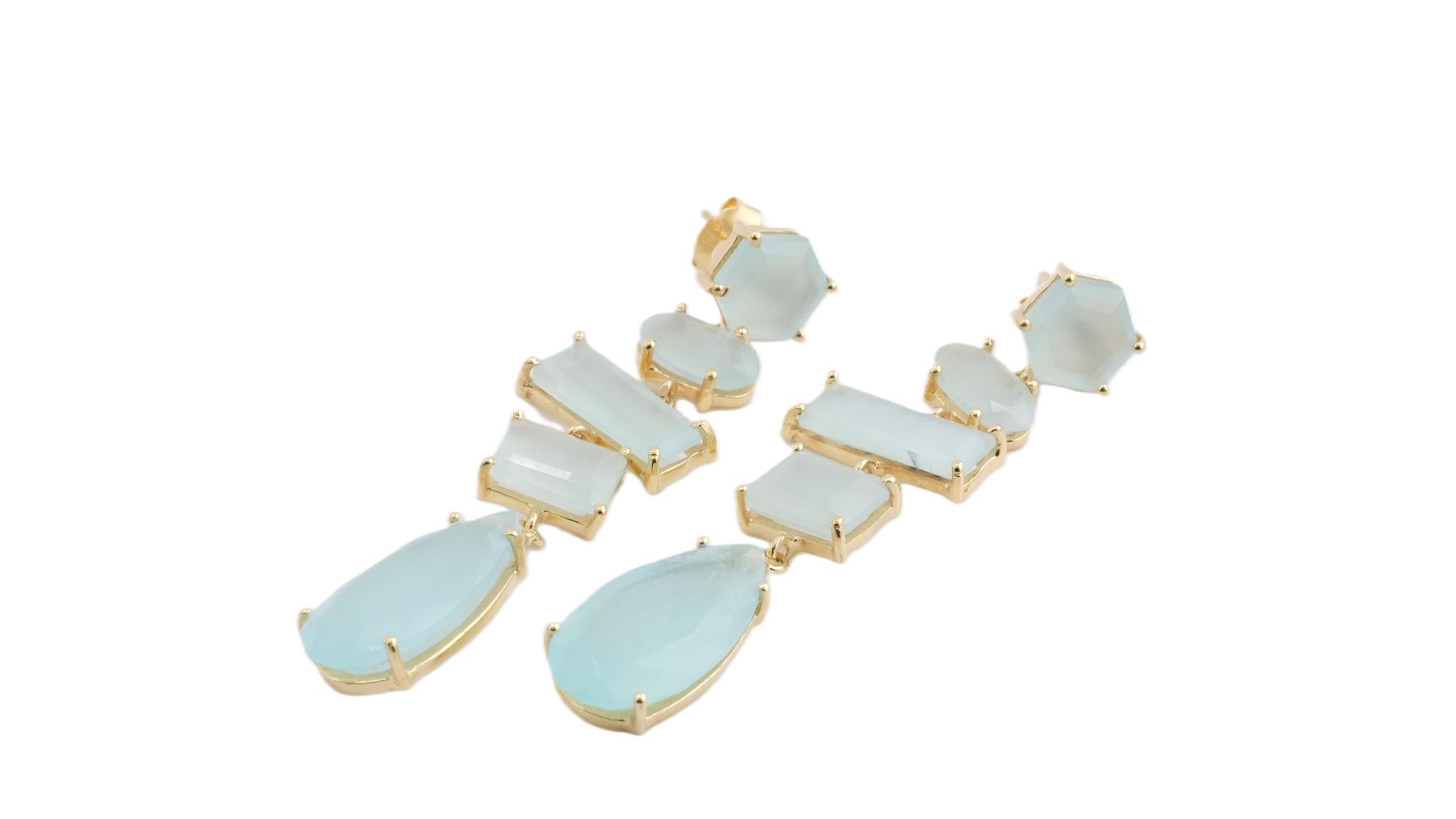 Aros Largos de Plata Bañada y Piedras Menta.