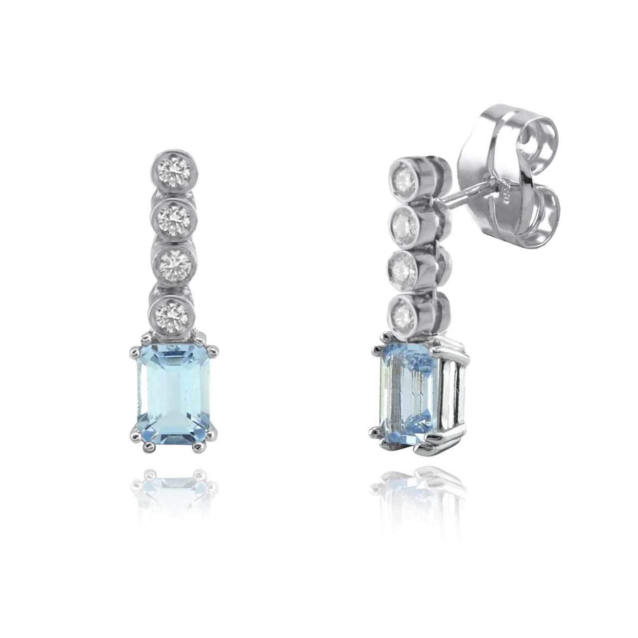 Aros de Oro Blanco, 4 Brillantes y Aguamarina