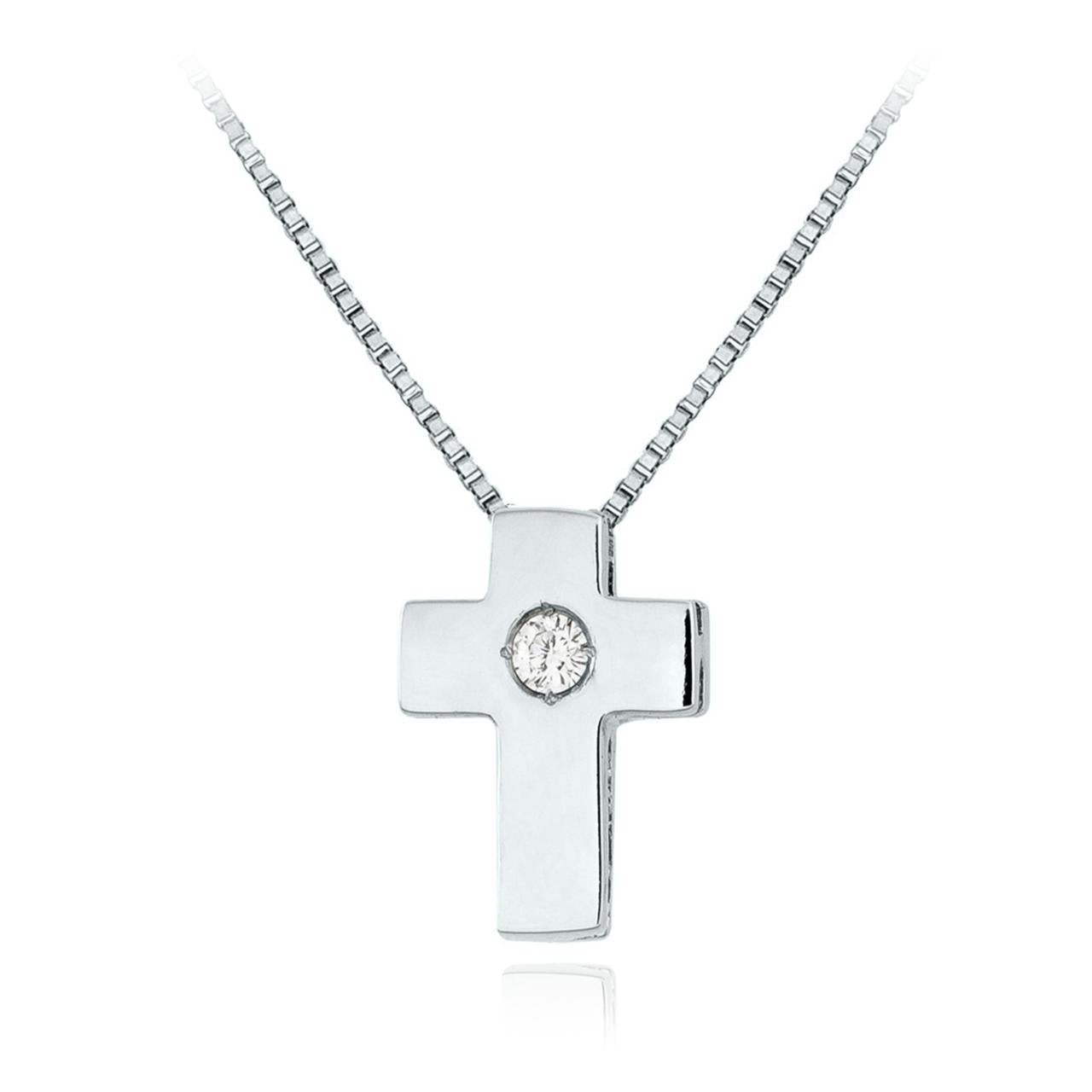 Collar Cruz de Oro Blanco y Brillante Central.