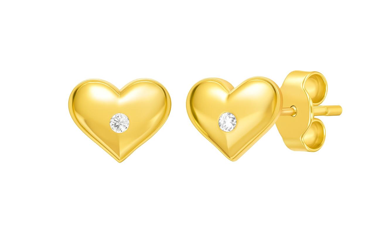 Aros de Oro Amarillo Corazón y Brillante Central 14Kt.