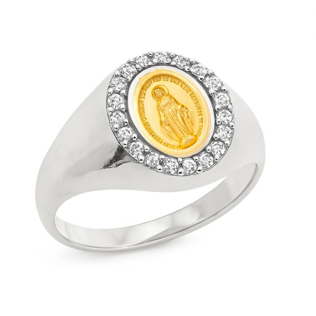 Anillo Virgen Milagrosa, Brillantes y Oro Blanco.