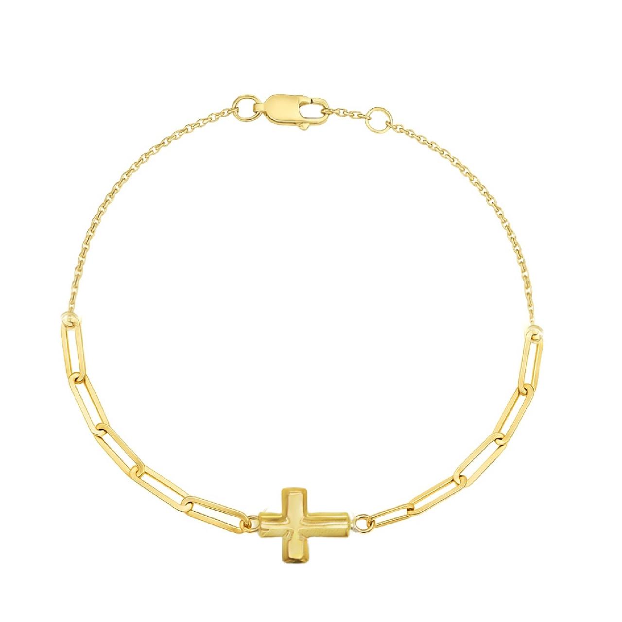 Pulsera Paper Clip Cruz Oro Amarillo 14Kt.