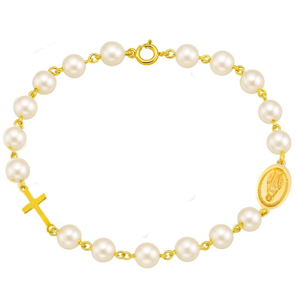 Pulsera Perlas Virgen de los Rayos y Cruz Oro Amarillo 14Kt.