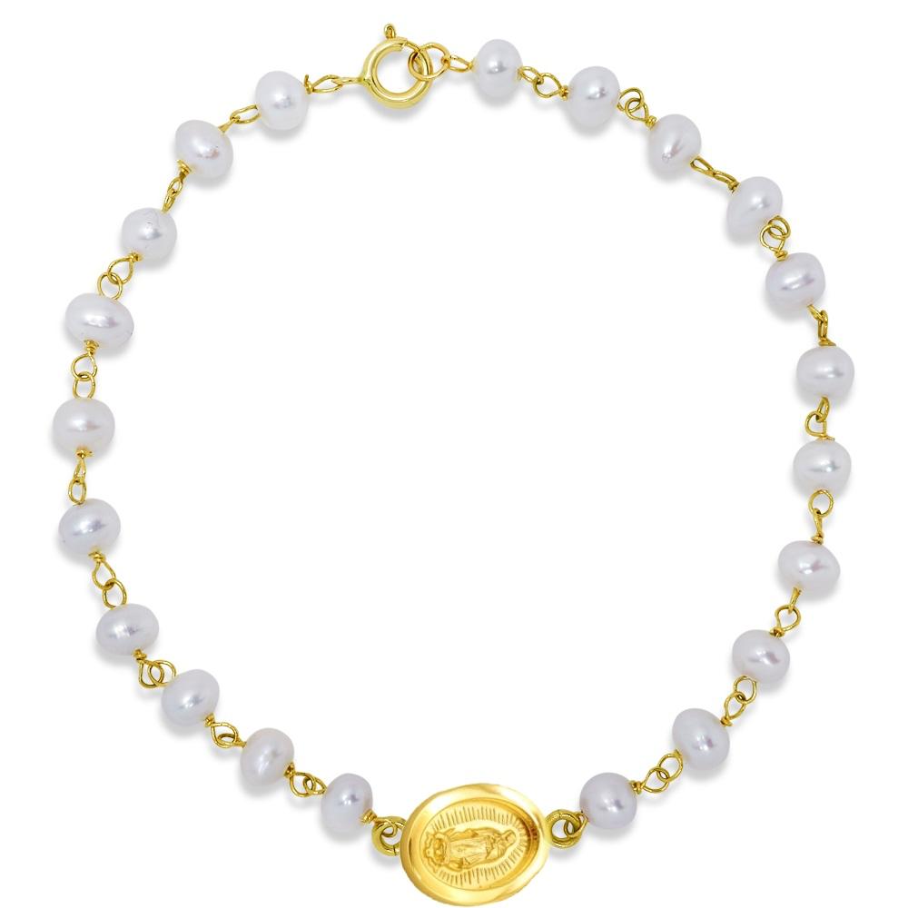Pulsera Perlas y Virgen de los Rayos Oro Amarillo 14Kt.