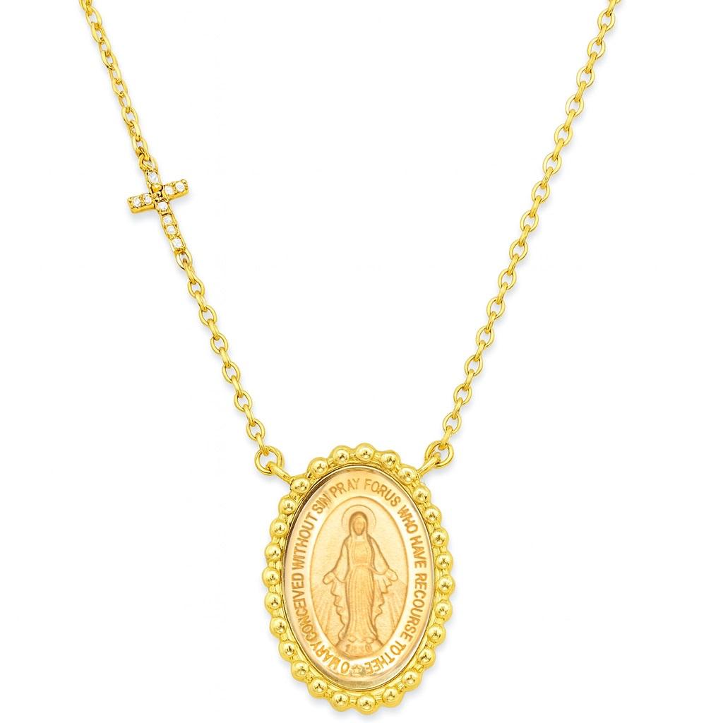 Collar de Oro Amarillo Virgen de los Rayos y Cruz de Brillantes 14Kt.