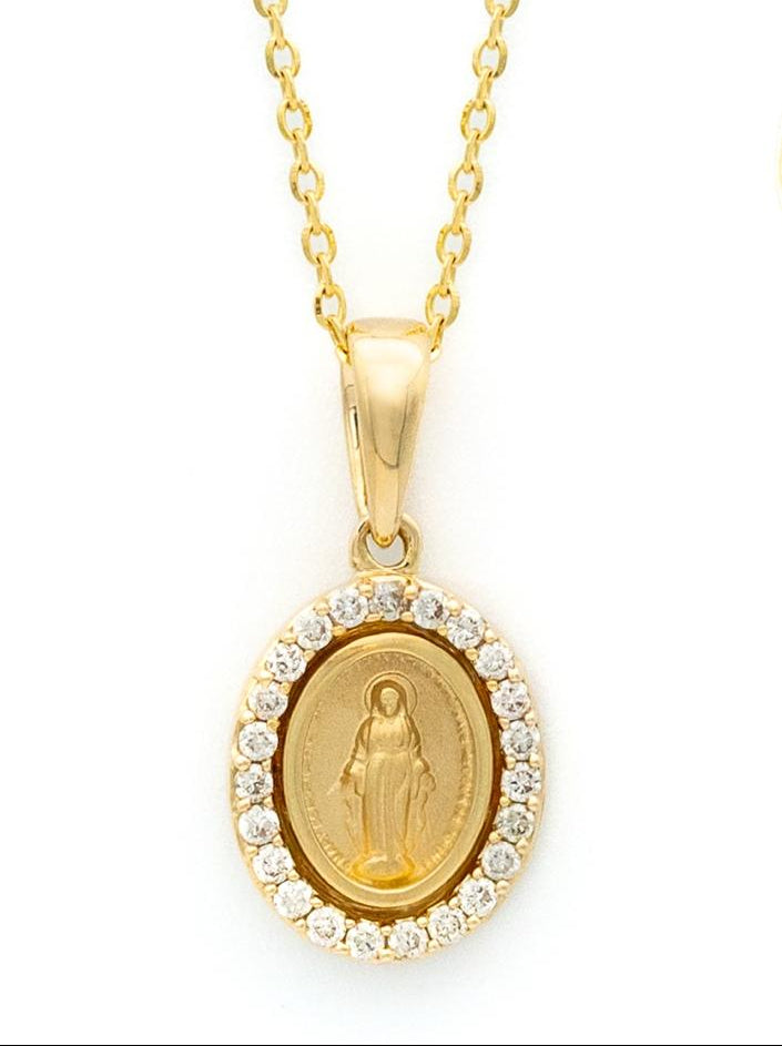 Collar de Oro Amarillo Virgen de los Rayos y Brillantes 14Kt.
