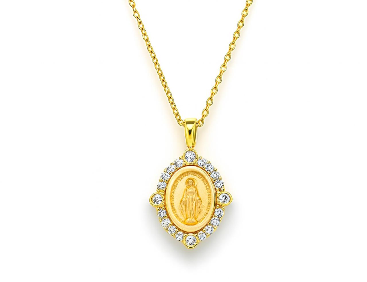 Collar de Oro Amarillo Virgen de los Rayos y 4 Brillantes Borde 14Kt.