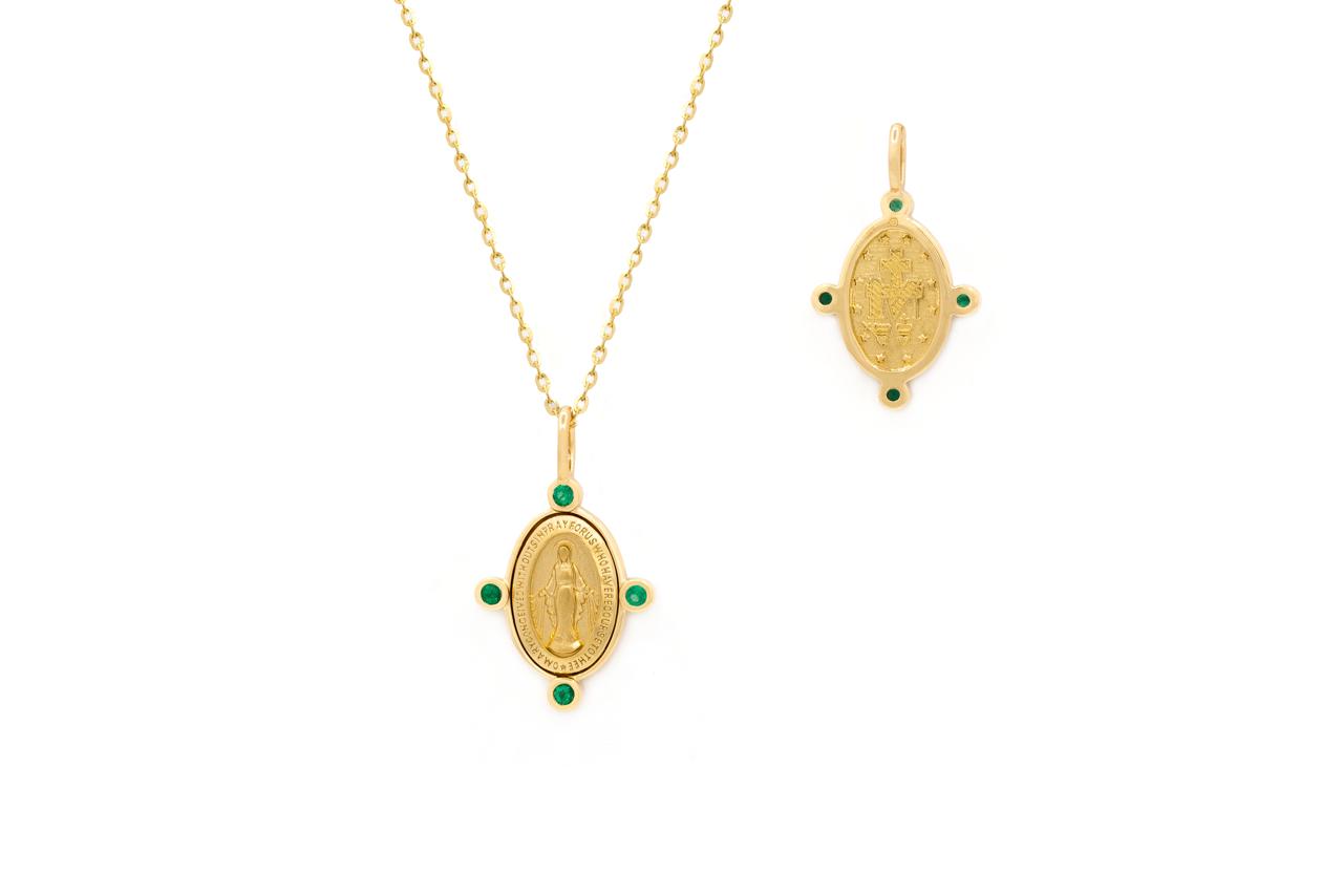 Collar Virgen y Esmeraldas en Oro Amarillo 14Kt.