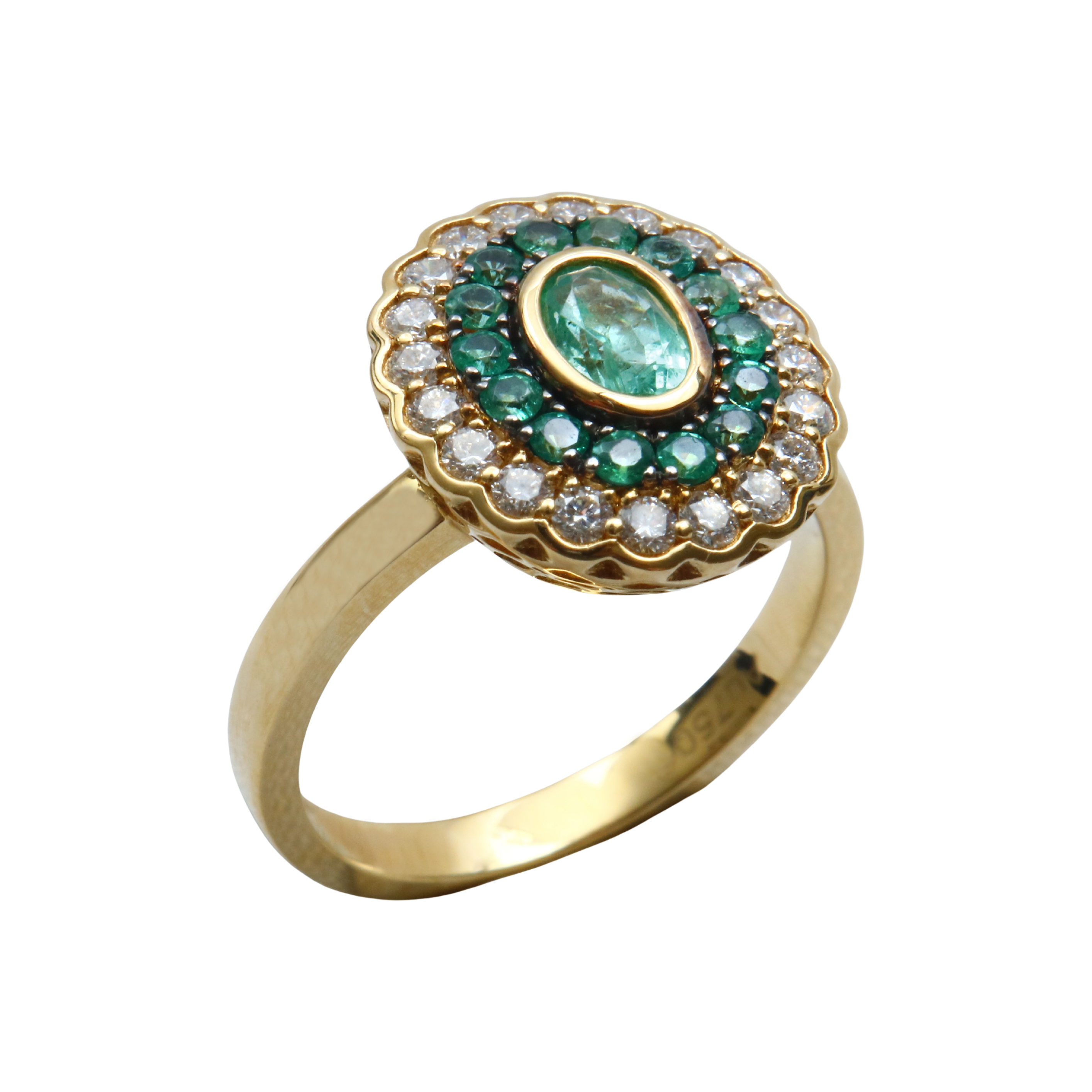 Anillo Oro Amarillo 18Kt. Art Decó Brillantes y Esmeraldas.