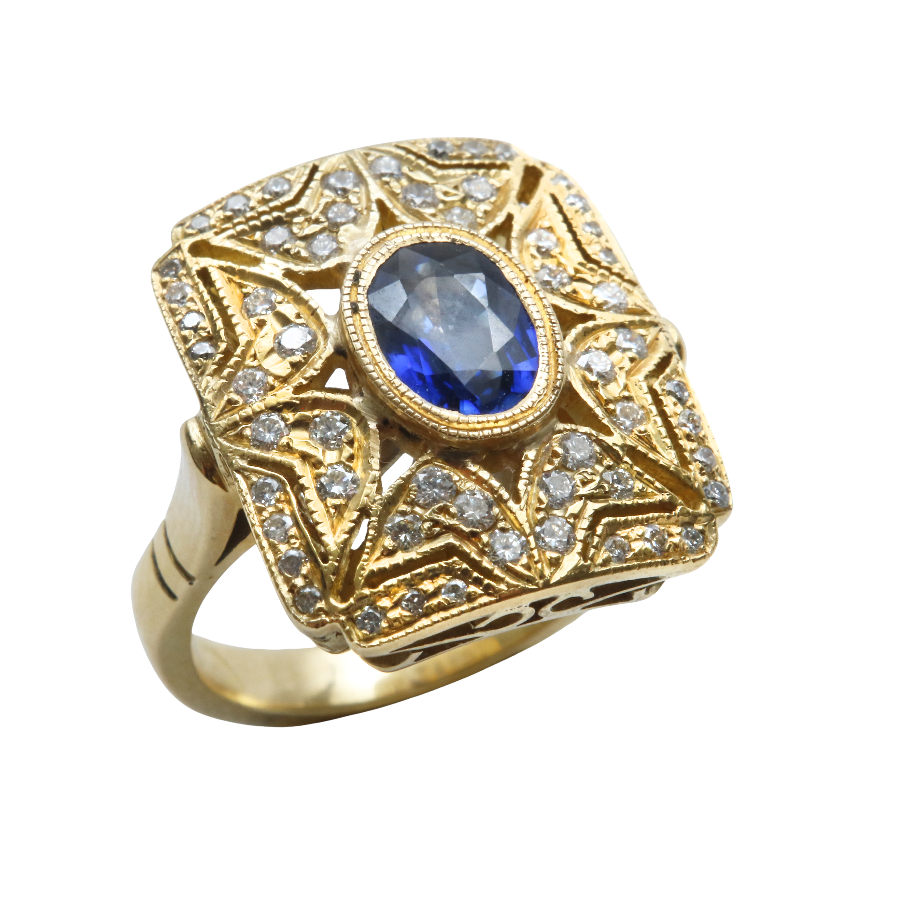 Anillo Oro Amarillo 18Kt. Art Decó Brillantes y Zafiro Central.